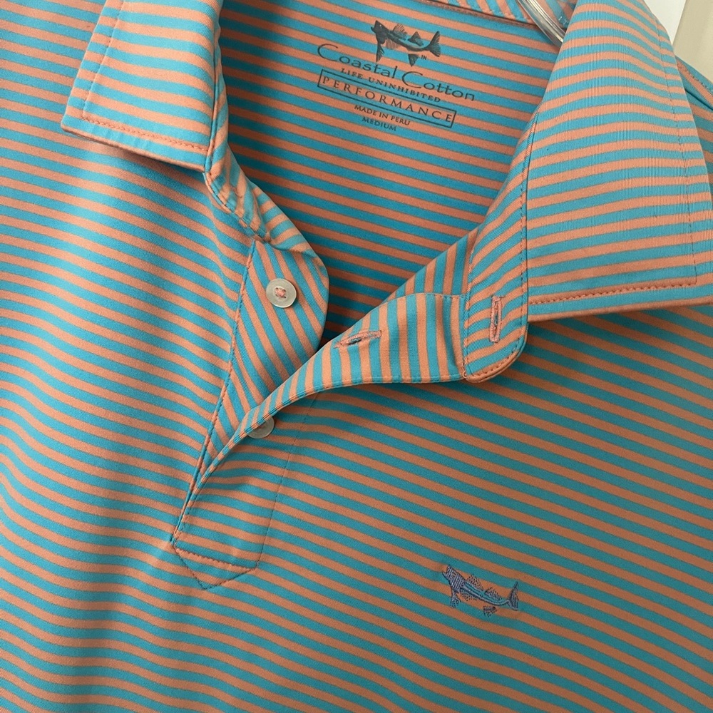 Coastal cotton Performance Men’s Striped Polo - Turquoise & Coral medium